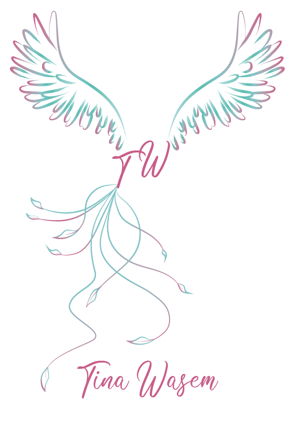 Logo Tina Wasem. Oben sind die Flügel eines Phönix zu sehen, dort wo der Körper sitzen würde steht TW. Aus dem TW kommen Federn heraus. Unterhalb der Bildmarke Steht Tina Wasem, sowie der Slogan "Phoenix reise zu dir selbst."